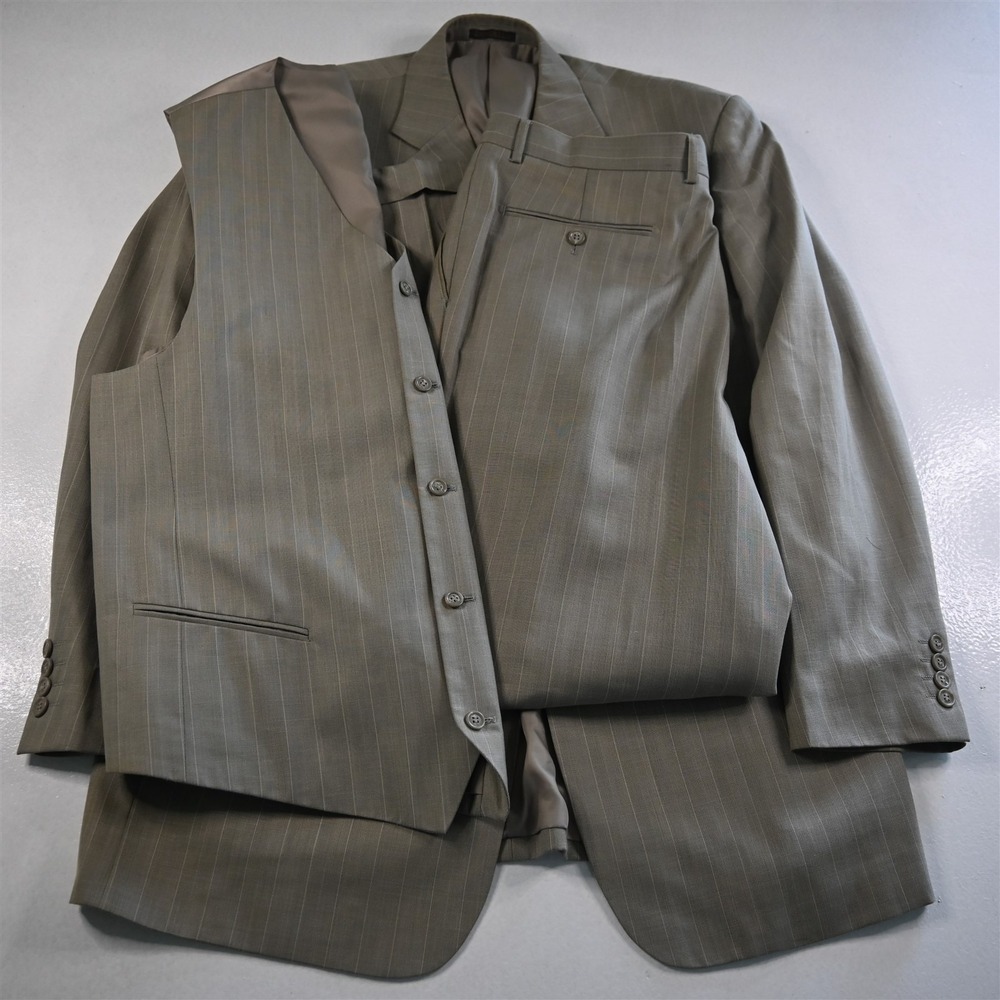 Zandello 44L 38x32 Tan‎ Brown Striped 3 Piece Vest Mens Jacket Pants Suit